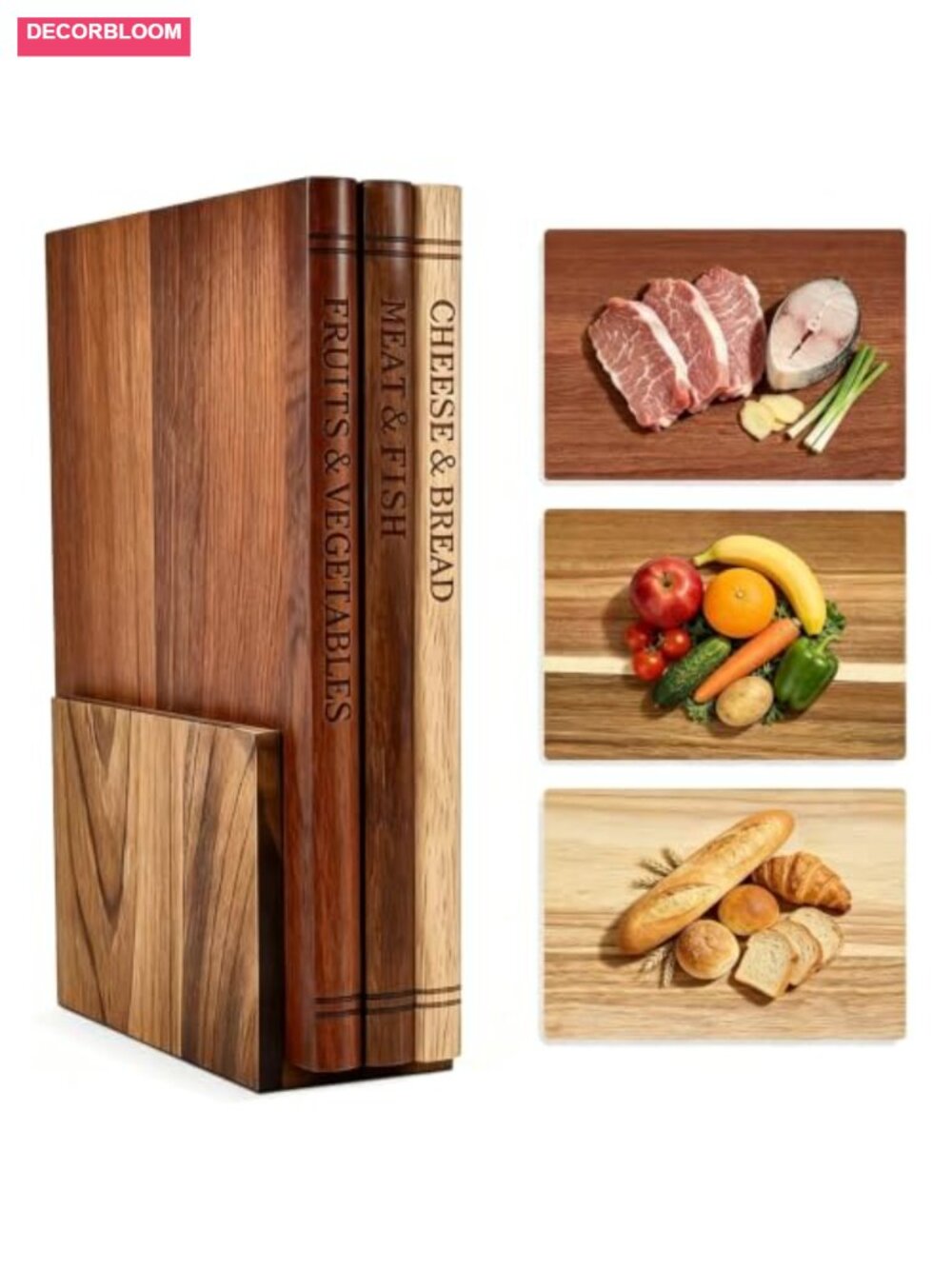 Book-Shaped Wooden Cutting Board Set with Stand Acacia Rubberwood Sapele 3-Piece